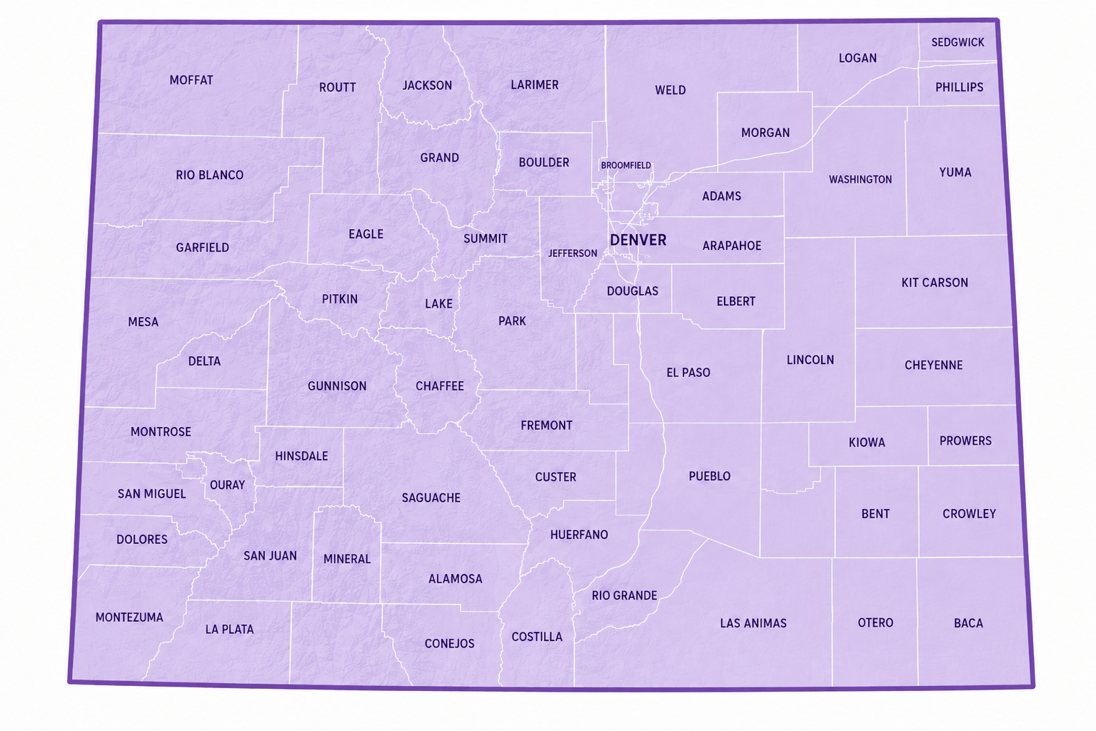 Map of Colorado showing all counties — Maribel Cleaning Services covers the entire state from our home base in Longmont.